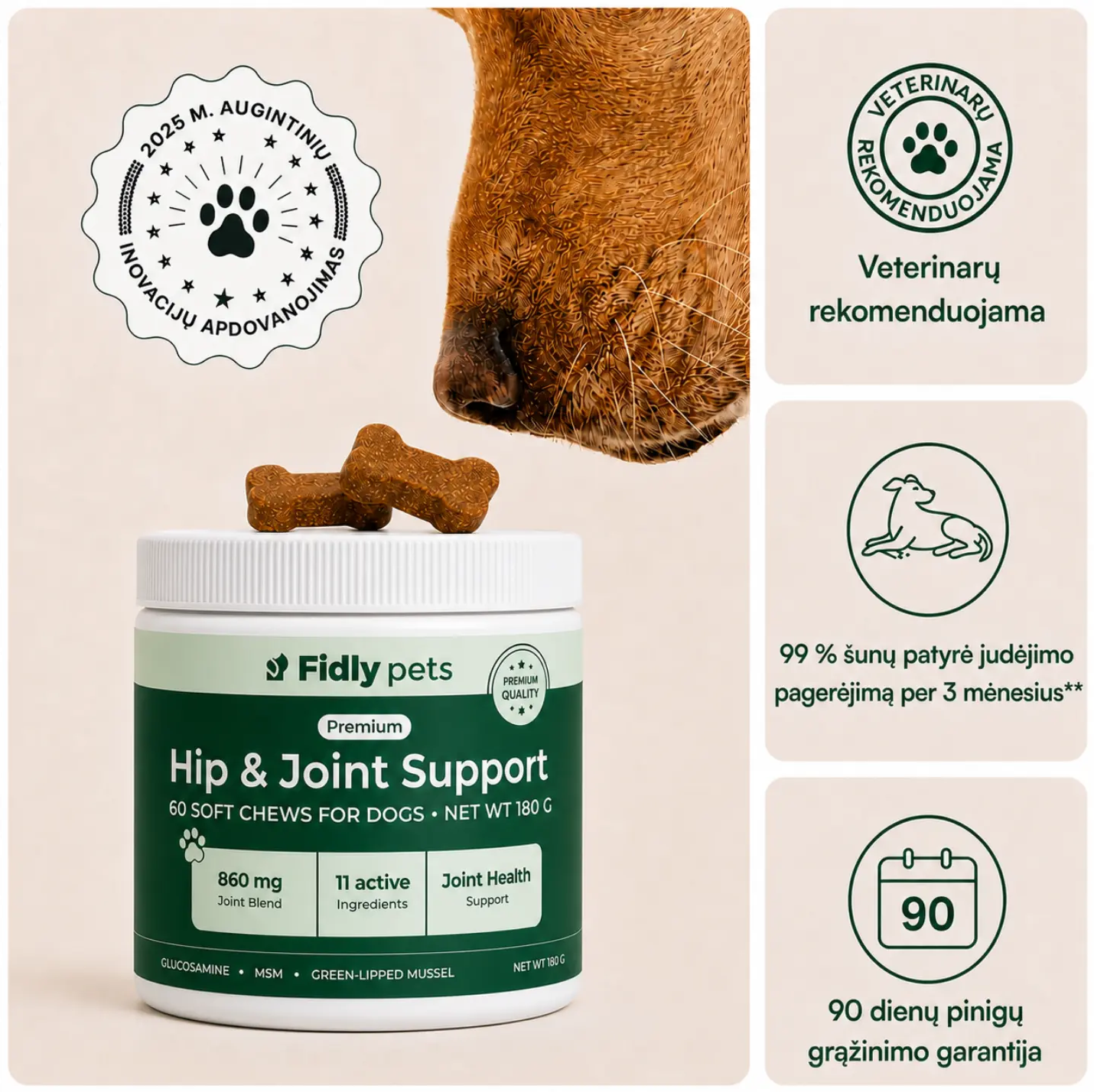 Fidly Hip & Joint Support skanėstai šunims ir produkto informacija